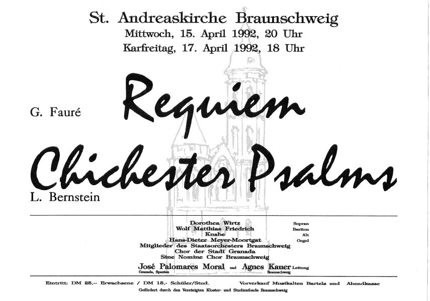Plakat St. Andreas am 15./17. April 1992 Fauré Requiem - Chichester Psalms