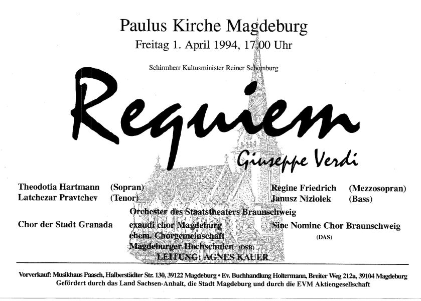 Plakat Magdeburg Paulus Kirche am 1. April 1994 "Verdi Requiem"