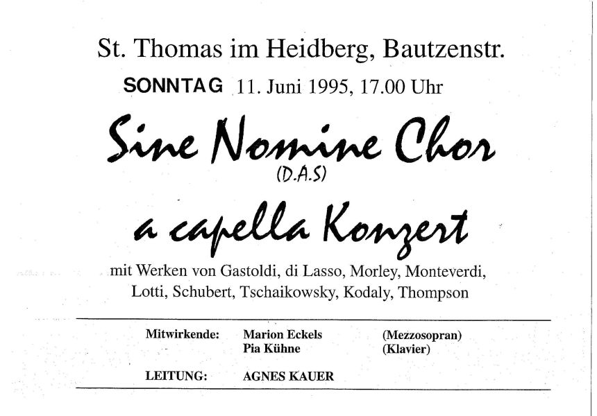 Plakat Braunschweig St. Thomas am 11. Juni 1995 "a capella Konzert"